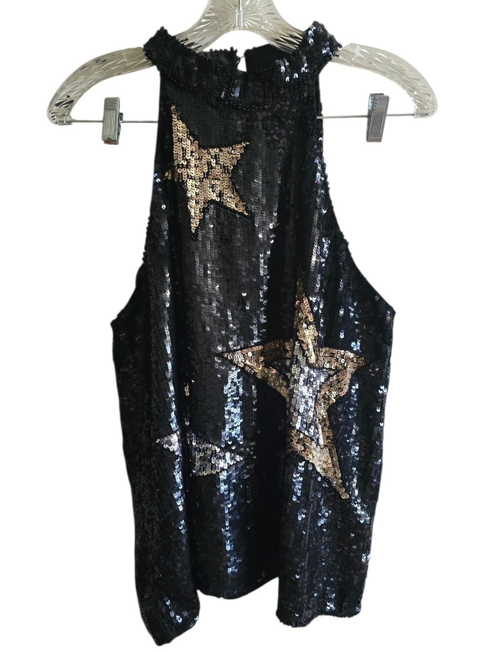 Parker New York Black Sequin Halter Top Large Gold Silver Star Party Blouse